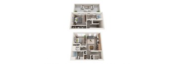A 3D floor plan of a house with two bedrooms, a living room, a kitchen, and a bathroom.