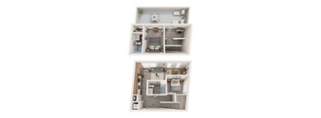 A dollhouse with two levels, one with a kitchen and the other with a living room.