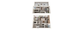 A top and bottom view of a small apartment with a kitchen, living room, and bedroom.
