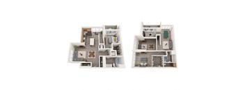 Two floor plans of a house with a living room, kitchen, and bedrooms.