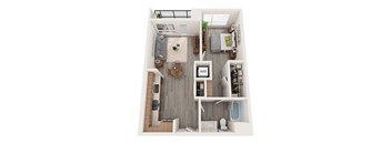 a stylized floor plan with a bedroom and a living room