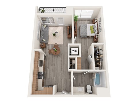 a stylized floor plan with a bedroom and a living room