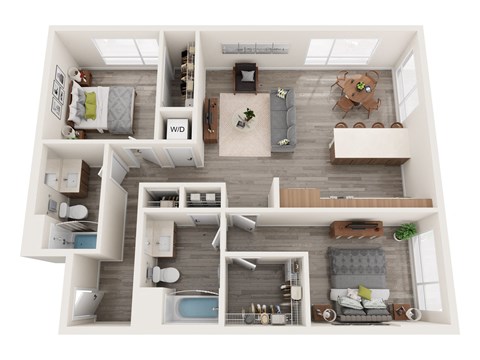 A top-down view of a well-organized apartment layout.