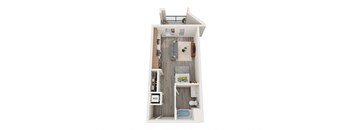 A top-down view of a small apartment with a kitchen, living room, and bathroom.