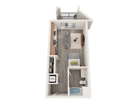 A top-down view of a small apartment with a kitchen, living room, and bathroom.