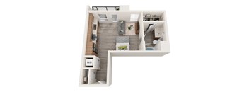 a stylized floor plan with a bedroom and a living room