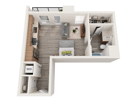 a stylized floor plan with a bedroom and a living room