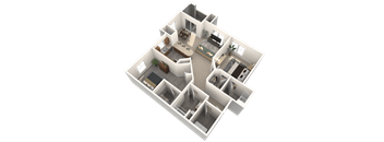 A 3D floor plan of a house with multiple rooms and furniture.