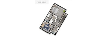 A 3D floor plan of a third floor apartment layout.