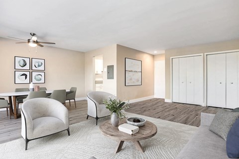 A living room with a grey couch, a coffee table, and a dining table with chairs.