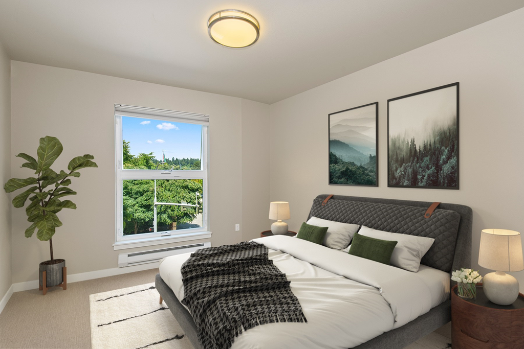 a bedroom with a large bed and a large windowat Allez, Redmond, WA 98052