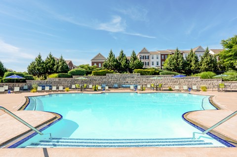 our resort style swimming pool is in front of our building with trees