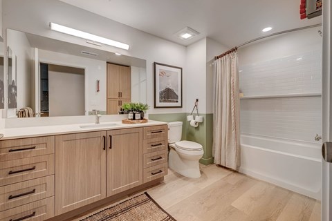A bathroom with a sink, toilet, and a mirror.
