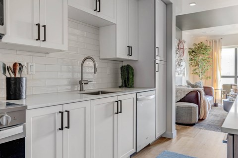 A modern kitchen with white cabinets and a stainless steel sink.