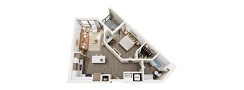 A top-down view of a house layout with a kitchen, living room, and bathroom.