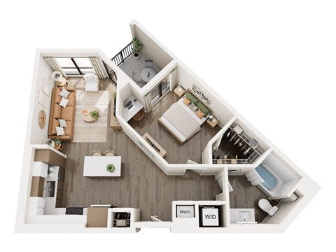 A top-down view of a house layout with a kitchen, living room, and bathroom.