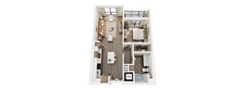 A top-down view of a modern apartment with a kitchen, living room, and bathroom.