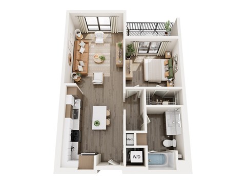 A top-down view of a modern apartment with a kitchen, living room, and bathroom.
