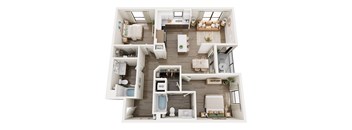 A top-down view of a modern apartment layout with labeled rooms.