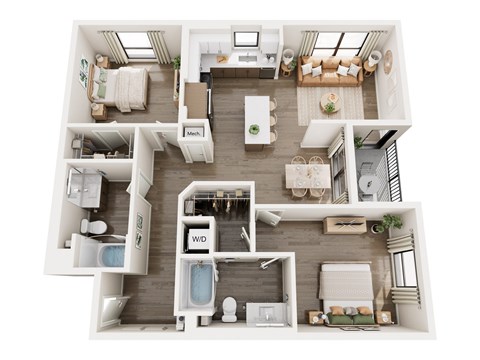 A top-down view of a modern apartment layout with labeled rooms.
