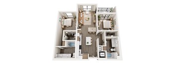 A top-down view of a modern apartment layout with a living room, kitchen, and two bedrooms.