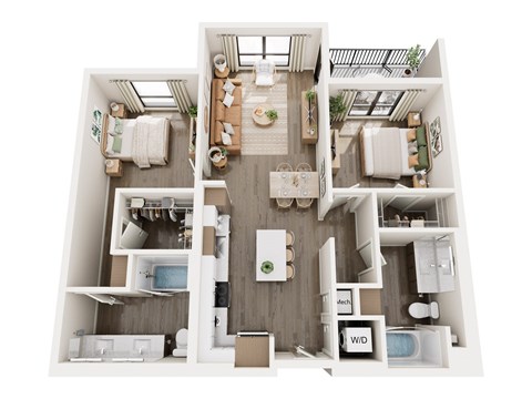 A top-down view of a modern apartment layout with a living room, kitchen, and two bedrooms.