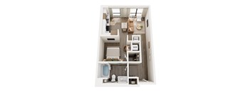 A top down view of a small apartment with a kitchen, living room, and bathroom.