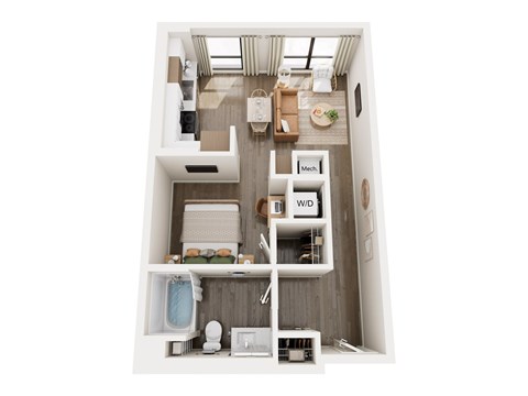 A top down view of a small apartment with a kitchen, living room, and bathroom.