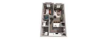 A 3D floor plan of a small apartment with a kitchen, living room, and bathroom.