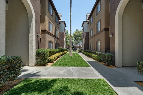 A long, narrow walkway separates two rows of apartment buildings.
