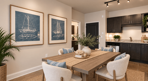 A dining room with a wooden table and chairs.