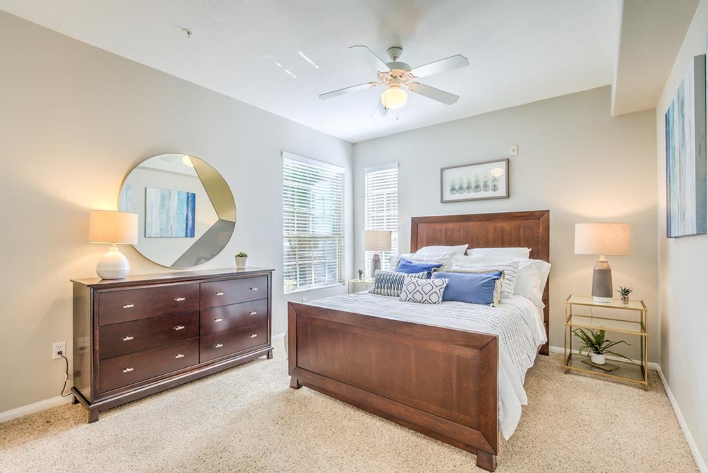 Bedroom with cozy bed at Stone Canyon Apartments, Riverside, California