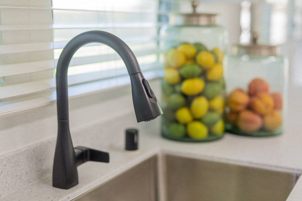 a kitchen sink with a faucet and a jar of fruit in the background
