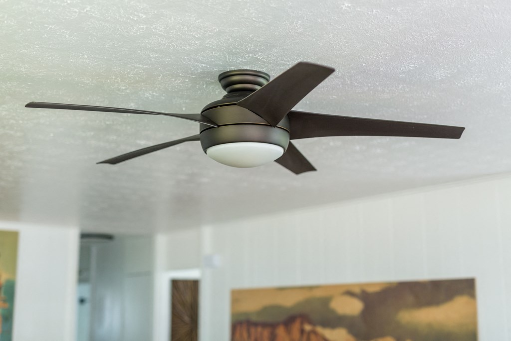 a ceiling fan with a light hanging from a ceiling