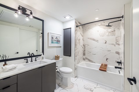 a bathroom with a shower toilet and sink and a mirror