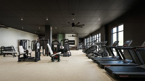 A gym with treadmills, exercise bikes, and other equipment.