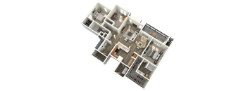 A 3D floor plan of a house with multiple rooms and furniture.