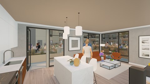 A modern kitchen with a dining area and a living room with a couch and a coffee table.