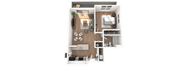 A 3D rendered image of a house layout.