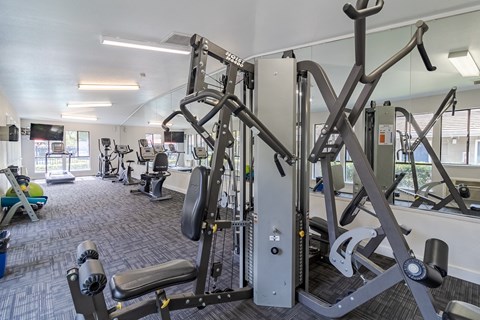 A gym with a variety of equipment including a leg press machine.