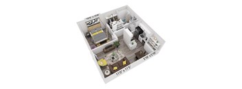 A 3D floor plan of a small apartment with a kitchen, living room, and bathroom.