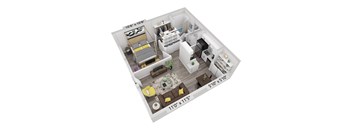 A 3D floor plan of a small apartment with a kitchen, living room, and bathroom.