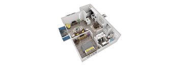A 3D floor plan of a house with a living room, kitchen, dining room, and bathroom.
