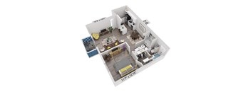 A 3D floor plan of a house with a living room, kitchen, dining room, and bathroom.
