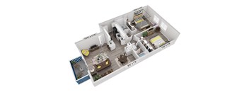 A 3D floor plan of a house with dimensions and room names.