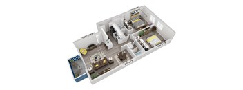 A 3D floor plan of a house with dimensions and furniture layout.