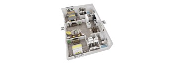 A 3D floor plan of a two-bedroom apartment with a living room, kitchen, and bathroom.