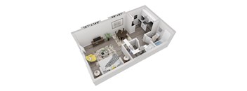 A 3D floor plan of a small apartment with a living room, kitchen, and bathroom.