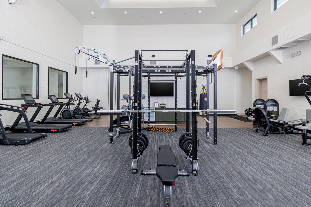 Fitness center with free weights and TRX bands