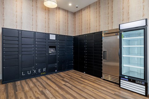 Temperature controled package locker room with refridgerator